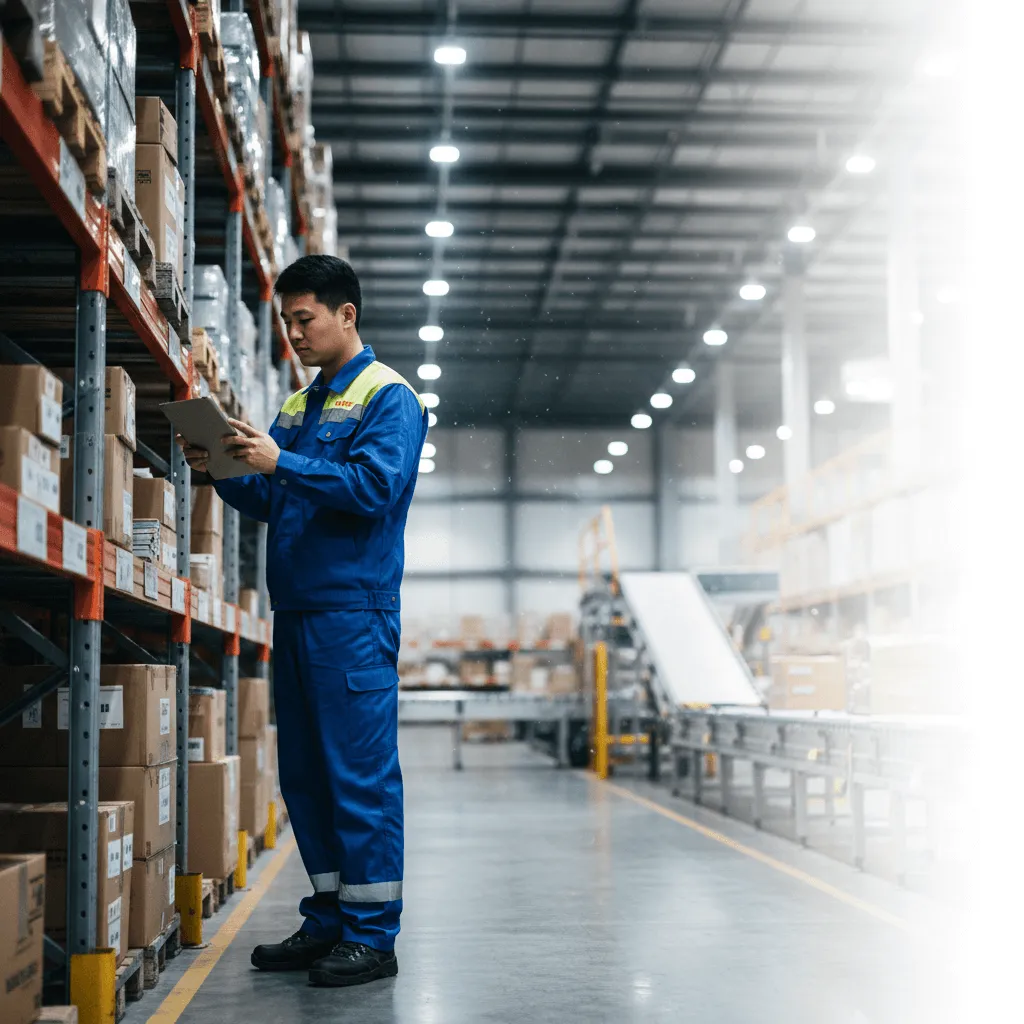 NewLine_Warehouse_Service_Staff_NL-W8001 Fleet manager inspecting a box of new heavy duty aftermarket filters in a warehouse