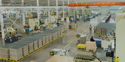 Organized manufacturing floor with standardized metal component cages ensuring high-capacity output for OEM orders.