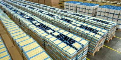 Inside the Factory: Why Choosing a Top Heavy Duty Filter Manufacturer Matters 7 Mass production of panel air filters with high-quality sealing gaskets stacked on pallets for export.