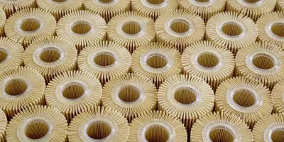 Top-down detail view of uniformly pleated filter paper cartridges showing high surface area for maximum filtration efficiency.