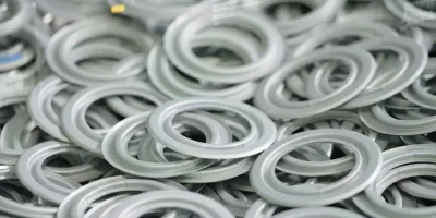 Batch of precision stamped metal end caps and rings ensuring structural integrity for heavy duty industrial filters.