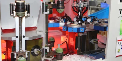 High-precision rotary automation equipment assembling internal filter components with laser sensor monitoring.